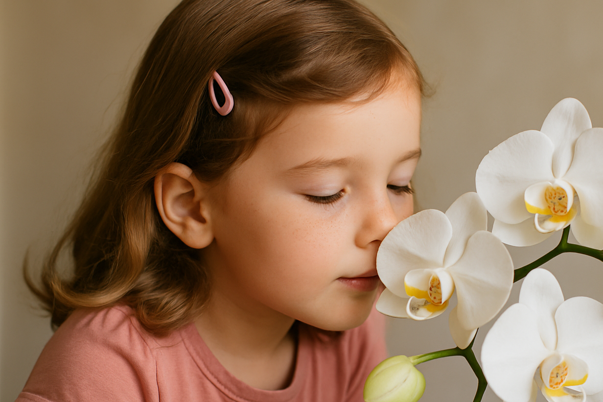 Klein meisje die aan een witte Phalaenopsis orchidee ruikt