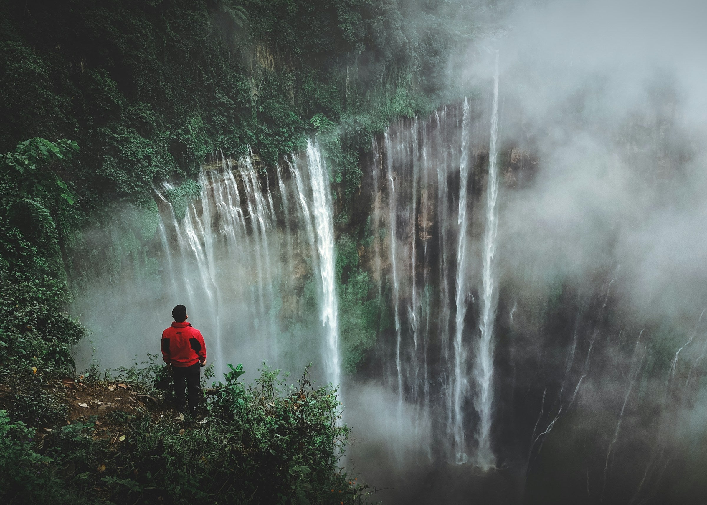 Man in red jacket standing on cliff with a beautiful waterfall surrounded with tropical plants, Indonesia, Java, Coban Sewu waterfall