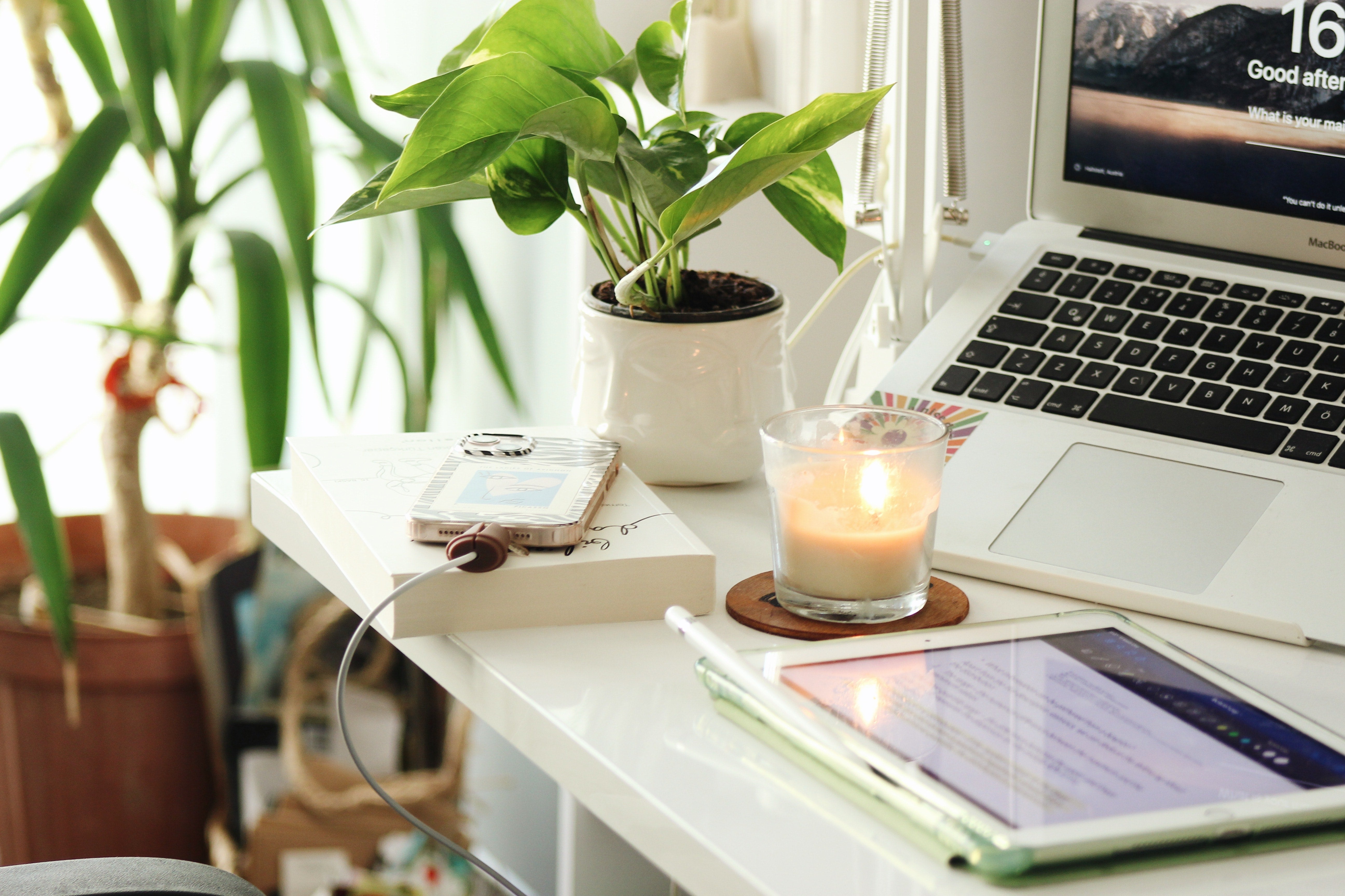 Laptop, tablet, iPhone in studiekamer met kamerplanten