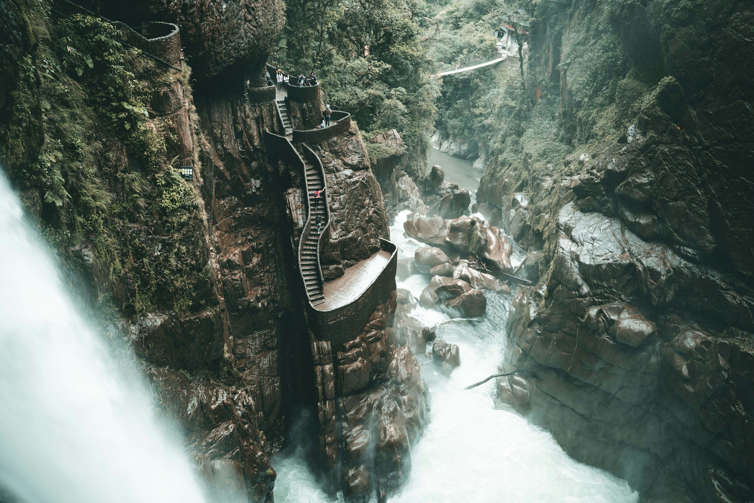 Banos Waterfall Equador with beautiful steps and plants, rainforest